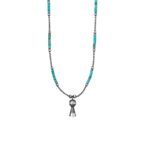 18" Turquoise Heshi, Oxidized Bead and Squash Blossom Necklace