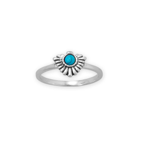 Rhodium Plated Oxidized Fan with Imitation Turquoise Ring