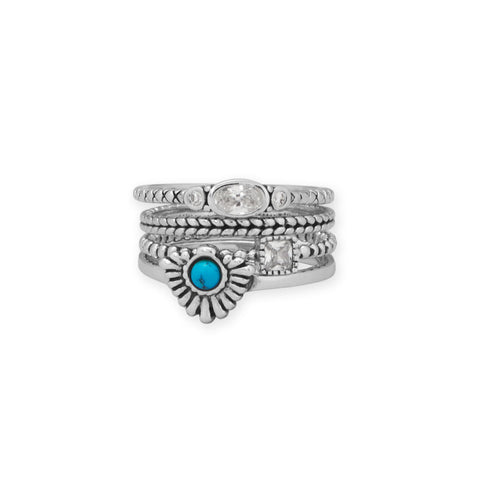 Rhodium Plated Oxidized Fan with Imitation Turquoise Ring