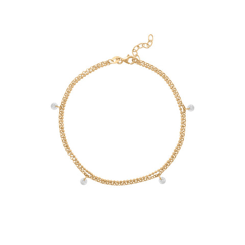 14 Karat Gold Plated Double Strand 4mm CZ Charm Anklet