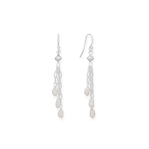 Crinkly Cultured Freshwater Rice Pearl and Triple Paperclip Chain Drop Earrings