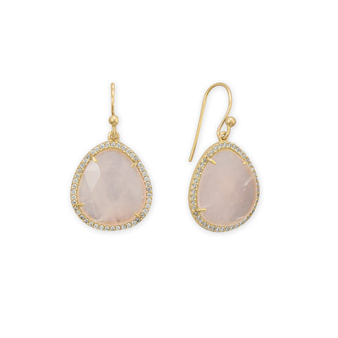 14 Karat Gold Plated Rose Quartz and Halo CZ Earrings