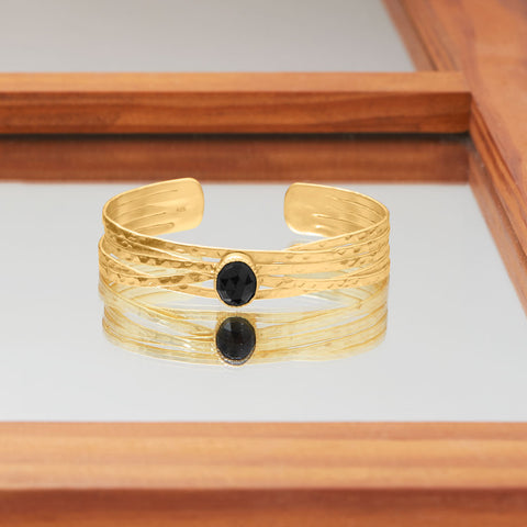 14 Karat Gold Plated Textured Black Onyx Cuff Bracelet