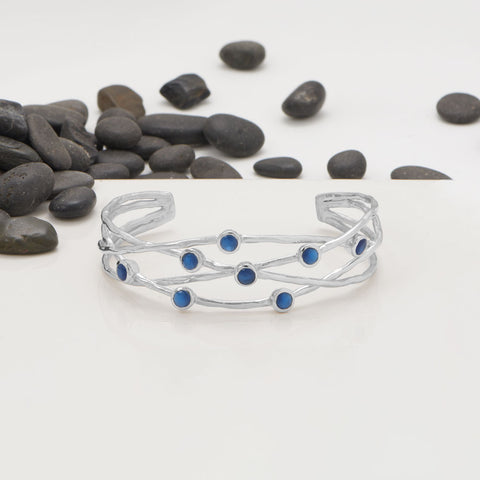 Rhodium Plated Blue Corundum Cuff Bracelet