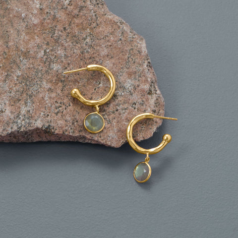 14 Karat Gold Plated 3/4 Hoop Labradorite Charm Earrings