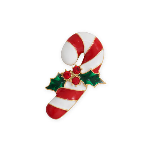 Gold Tone Candy Cane with Holly Fashion Pin