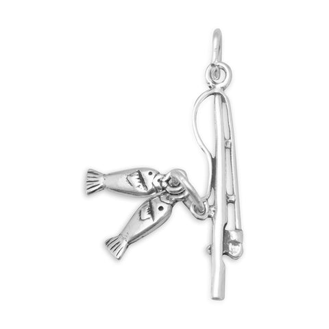 Fishing Pole with Fish Charm - Wholesale Silver Jewelry - Silver